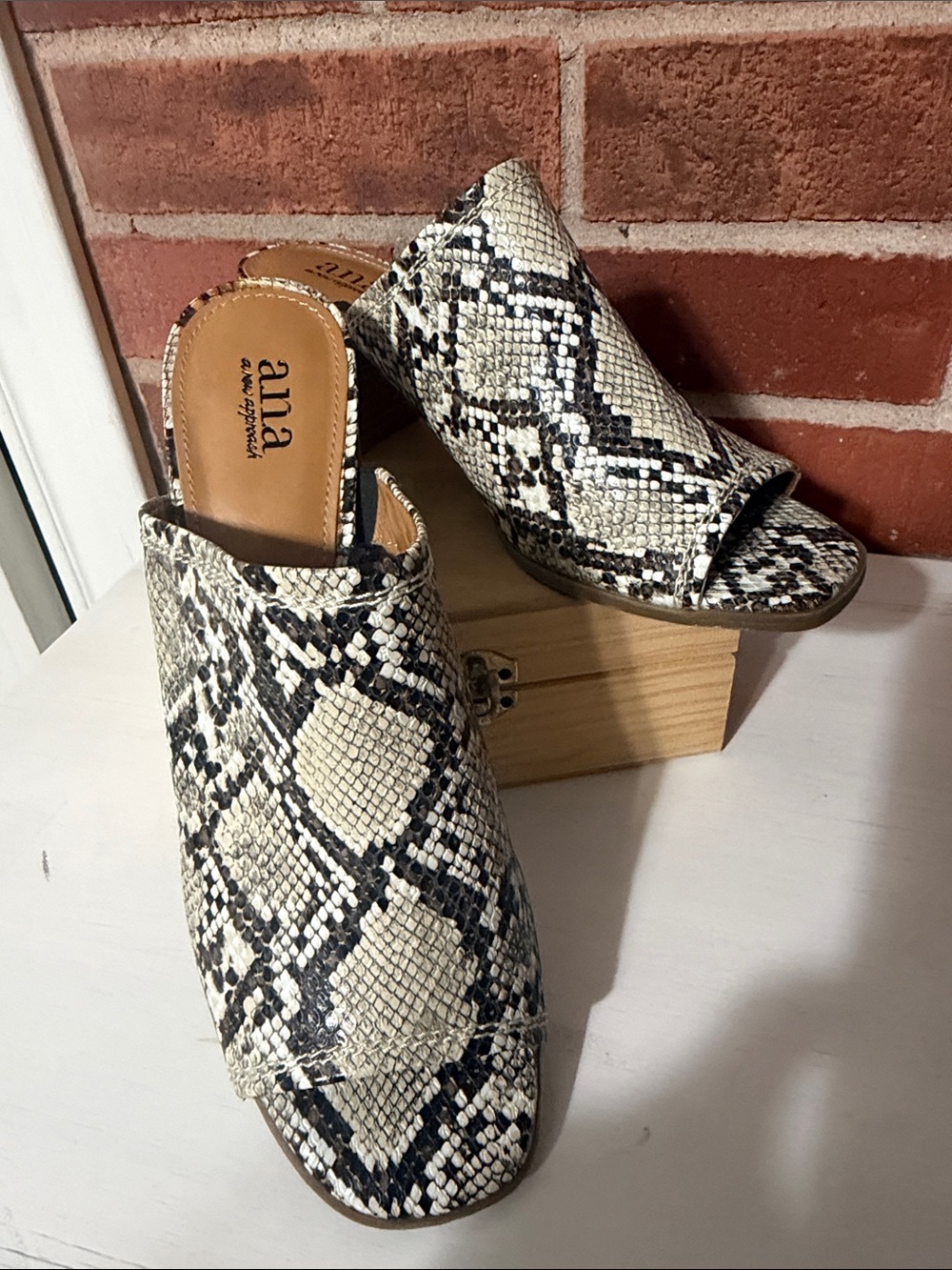 a.n.a Snake-Print Open Toe Mules in Cream and Black